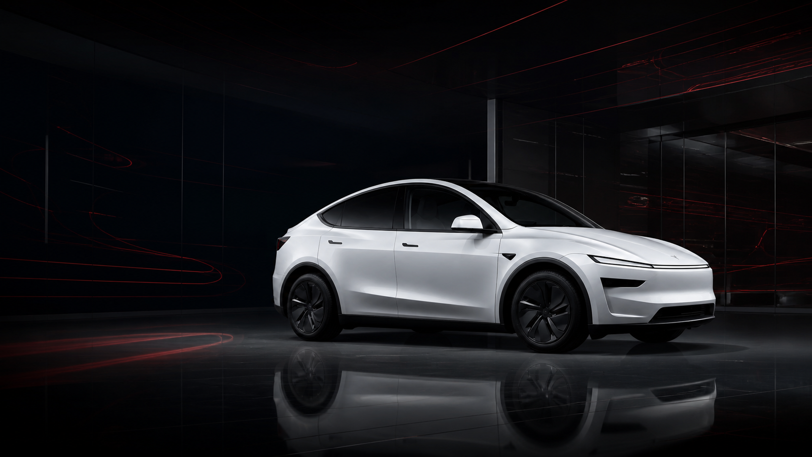 White electric vehicle in a dark market studio